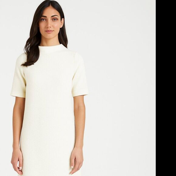 Anthropologie Ganni Designer Knee-Length Mod Dress Textured Stretch Cream Small - Picture 1 of 6